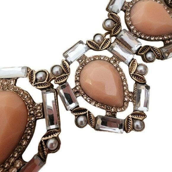 Vintage Necklace Statement Light Pink Cream Clear Boho Chunky Stone Rhinestone - Picture 6 of 10